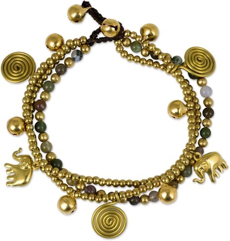 NOVICA Artisan Handmade Jasper Charm Bracelet Brass Beaded Green Gold Tone Thailand Animal Themed Bohemian Birthstone Elephant [7.5 in min L x 8 in max L x 0.5 in W Charm(s) 0.4 in L x 0.6 in W] ' in Kuwait