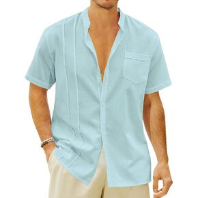 Mens Casual Button Shirts Cotton Linen Summer Beach Short Sleeve Tops for Lounge Vacation in Kuwait