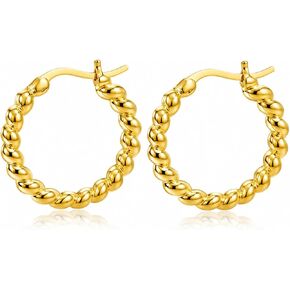 14K Yellow Gold Cable-Knit Huggie Hoop Earrings for Women, 14K Gold Twisted Beaded Hoop Earrings for Women, Chunky Rope Textured Hoops in 15/19/23mm in Saudi Arabia