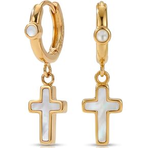 Leporem Mother of Pearl Cross Drop Hoop Earrings, 18K Gold Plated 316L Surgical Steel Hypoallergenic Christian Faith Huggies for Women, Dainty Gift (Cross) in Saudi Arabia
