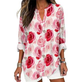 Womens Dressy Casual Boho Shirts Loose V Neck Floral Print T-Shirts Plus Size Long Sleeve Irregular Hem Tunic Tops in Saudi Arabia
