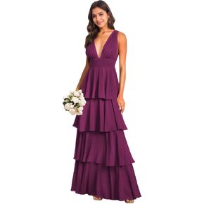 Tiered Chiffon Bridesmaid Dresses for Women Sleeveless V Neck Long Formal Prom Evening Black Tie Wedding Guest Dress in Saudi Arabia