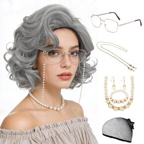 Old Lady Wig Costume Set for Women Grandma Costume Wig Short Grey Curly Granny Wigs Heat Resistant Synthetic Wigs for 100th Days of School Cosplay Halloween Use in Saudi Arabia