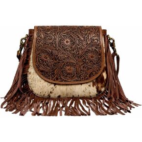 American Bison Brown Western Crossbody Bag – Saddle-Inspired Purse with Hair-On-Hide, Fringe & Filigree Flap in Saudi Arabia