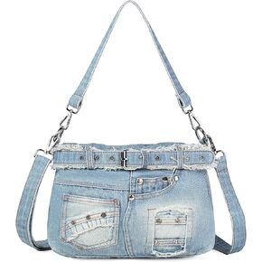 Fashion Crossbody Bag Denim Purse with Rhinestones Y2K Jean Handbag for Women | Washed Denim in Saudi Arabia