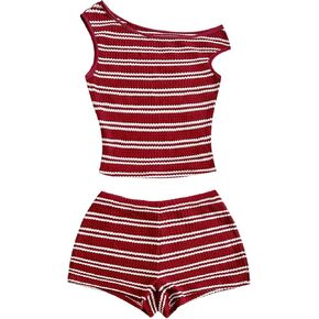 SOLY HUX Women's 2 Piece Striped Off The Shoulder Crop Tops and Mini Shorts Set Summer Y2K Going Out Outfits in Saudi Arabia