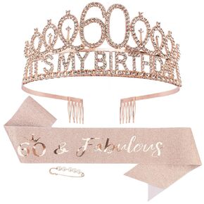 KICOSY 60th Birthday Decorations for Women, 60th Birthday Sash and Crown, 60 Year Old Rose Gold Fabulous Satin Sash with Pearl Pin and Rhinestone Tiara Set, Dazzling Outfits at Party&Dinner in Kuwait