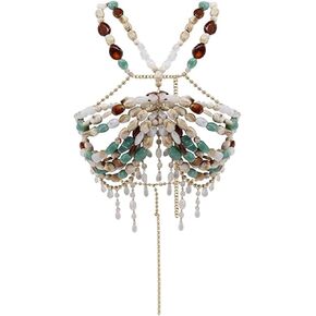Boho Shell Beaded Body Chain Bra Luxury Crystal Tassel Beach Festival Jewelry Crystal with Gold Accents Mermaid Costume Bra Rave/Festival/Burlesque Bra Top(Blue Green stone) in Saudi Arabia