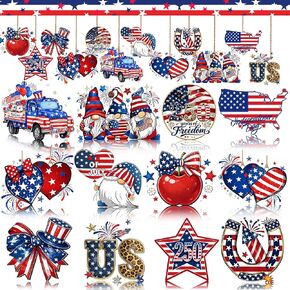 12Pcs 4th of July Tree Decorations Cute Patriotic Gnomes Hanging Ornaments United States Flag Heart Star Wooden Ornaments Independence Day Fireworks bow Ornaments for USA 250th Anniversary Decorations in Saudi Arabia