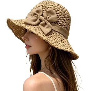 Women's Crochet Sun Hat, Straw Hats for Women Foldable Wide Brim Beach Hats Straw Bucket Cap with Bowknot in Kuwait