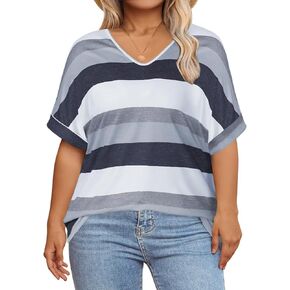 DOLNINE Plus Size Tops for Women V Neck Color Block Striped Tshirts Loose Fit Short Sleeve Shirts Casual Summer Tunic Tees in Kuwait