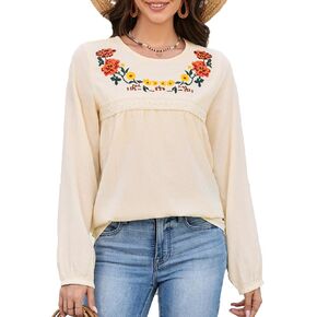 Mexican Embroidered Tops Long Sleeve Shirts Casual Boho Fiesta Peasant Tunic Boho Blouse 2026 Trendy Fashion for Women in Saudi Arabia