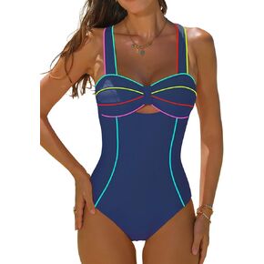 popvil Women’s One Piece Swimsuit Tummy Control Bathing Suit for Women Bow Front Swimwear Neon Trim Slimming Swimsuit in Kuwait