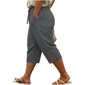 Women's Plus Size Capri Pants Casual Cotton Linen 3/4 Trousers Lightweight Drawstring Elastic Waist Capris with Pockets in Kuwait