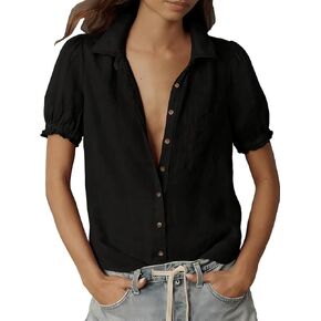 Linen Button Down Shirt Women Puff Short Sleeve Button Up Shirts Cotton Blouses Tops with Pockets in Saudi Arabia