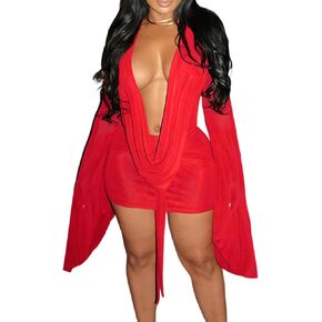 Sexy Birthday Dress for Women Backless Draped Mesh Cowl Neck Long Sleeve Swing Going Out Cocktail Mini Dresses in Saudi Arabia