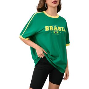 BEAUDRM Women's Contrast Binding T Shirt Letter and Brazil Flag Print Short Sleeve Loose Fit Tee Top in Saudi Arabia