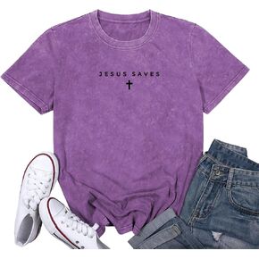 Dauocie Women's Washed Vintage Shirts Jesus Saves Cross Print T Shirt Christian Tees Tops in Saudi Arabia