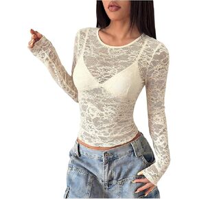 Verdusa Women's Y2k Tops Floral Lace Top Sheer Long Sleeve T Shirts Slim Fitted Date Night Outfits in Saudi Arabia