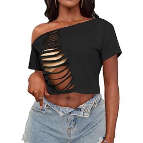 Hilinker Women Off The Shoulder Crop Tops Sexy Cut Out Ripped Short Sleeve Cropped T Shirts in Saudi Arabia