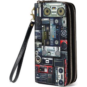 Retro Music Cassette Print Wallet for Women Large Capacity Wallet Credit Card Holder PU Leather Double Zipper Clutch Purse Phone Wallet in Saudi Arabia
