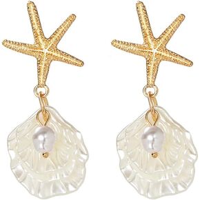 Gold Starfish Shell Earrings for Women 14K Gold Plated Pearl Shell Dangle Earrings Summer Accessories Vacation Outfits Beach Jewelry for Women in Saudi Arabia