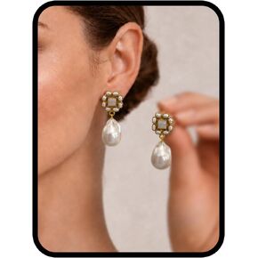 Vintage Flower Pearl Drop Earrings for Women – Gold Statement Dangle Earrings with Green Natural Stone Rectangle Pendant, Baroque Trendy Elegant Jewelry Gift in Saudi Arabia
