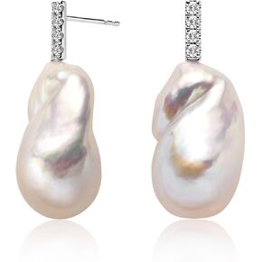 Pearl Drop Earrings 12-14mm Baroque Pearl earrings for Women 925 Sterling Silver with Simulated Diamond Cubic Zirconia Elegant Wedding Beach Jewelry Gift in Kuwait