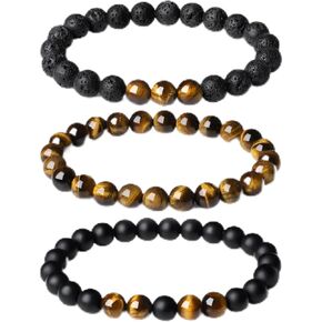 Mens Bead Bracelet Set Natural 8MM Tiger Eye Lava Stone Black Onyx Crystal Beaded Tiger Eye Bracelets Valentines Gifts For Men in Saudi Arabia