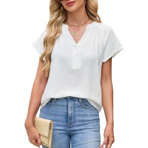 Womens Short Sleeve V Neck Loose Blouse Flowy Summer T Shirt Cap Sleeve Casual Tops White in Saudi Arabia