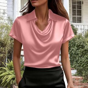 Satin Tops for Women Casual Cowl Neck Cozy Lapel Short Sleeve Silk Shirts Fitted Blouses in Kuwait