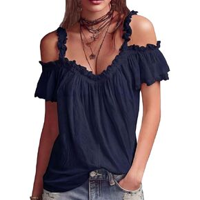 Womens Sexy Cold Shoulder Tops Casual Off Short Sleeve Open Shirts V Neck Low Cut Ruffled Trim Dressy Trendy Blouse in Saudi Arabia