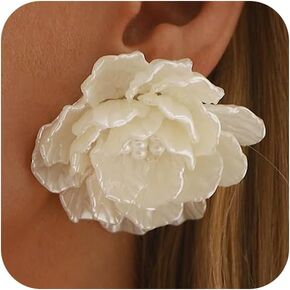 Dainty Large White Shell Pearl Flower Stud Earrings for Women, Vintage Boho Acrylic Big Camellia Floral Earring Fashion Statement Party Jewelry Gifts in Saudi Arabia