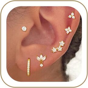 Gold Zircon Hoop Earrings Set for Women, 14K Gold Plated Hypoallergenic Earrings for Sensitive Ears, Cubic Zirconia Drop Dangle Stud Earrings Pack, Comfortable Flat Back Earring for Sleeping/Daily, Nickel-Free Cartilage Earring Stack Set for Multiple Pier in Saudi Arabia