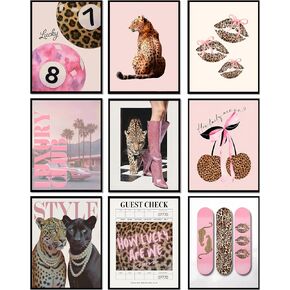 XCHFPKZV 9Pcs Pink Trendy Leopard Wall Art, 8"X10", Unframed | Preppy Cheetah Aesthetic, Funky Lucky 8 Ball Prints, Lucky Lips Leopard Painting, For Girls Bedroom in Kuwait