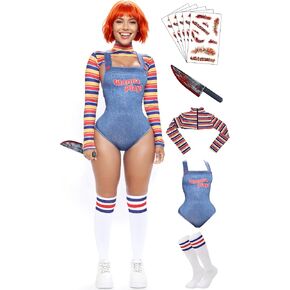 【5 Sizes】Halloween Chucky Costume for Women Wanna Play Bolero Top Overall Bodysuit Knee-high Socks Scar Tattoos Prop Knife in Saudi Arabia