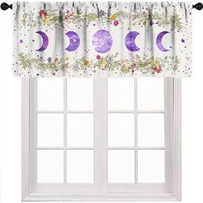 Moon Phase Valance Curtains for Kitchen,Boho Wildflower Floral Plant Botanical Purple Moon Moonlit Garden Floral Gothic Retro Window Treatments for Bedroom Living Room 1 Piece,54x18 Inch in Saudi Arabia