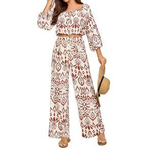 Women 2 Piece Floral Outfits Long Sleeve Off the Shoulder Crop Tops Matching Wide Leg Palazzo Pants in Saudi Arabia