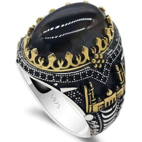 S925 pure silver natural black agate stone men's ring with Gothic style unique accessory size 7-13 in Saudi Arabia