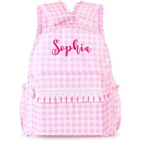 MT WORLD Gingham Daycare Backpack Personalized Pink Checkered Backpack with Embroidered Name - 16inch Large Casual Ruffled Daypack for Travel Birthday Christmas Gifts - Fit Folder in Saudi Arabia
