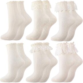6 Pairs Ruffle Socks Women Sweet Lolita Mid-calf Socks with Bow Trim Beige Starfish Wood Ear Lace Cotton Bubble Shaped Socks in Saudi Arabia