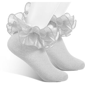 Women Silver Ruffle Socks, Glitter Ankle Socks Double Lace Frilly Dress Sock Silver Socks Soft Breathable Cute Sparkling Frilly Sock Fits Adult Most in Saudi Arabia