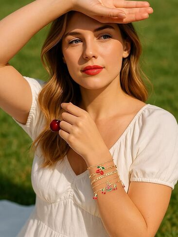 6Pcs Gold Bracelets for Women, Cherry Gold Plated Bracelet Stack Paperclip Chain, Waterproof Non-Tarnish Chain Bracelet Set, Dainty Trendy Jewelry Gift, Adjustable 6.7-8.7", Valentine's Day Gifts in Saudi Arabia