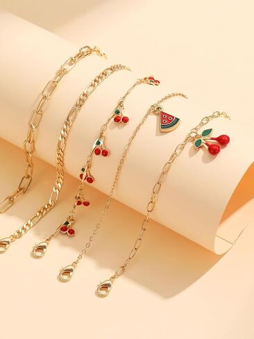 6Pcs Gold Bracelets for Women, Cherry Gold Plated Bracelet Stack Paperclip Chain, Waterproof Non-Tarnish Chain Bracelet Set, Dainty Trendy Jewelry Gift, Adjustable 6.7-8.7", Valentine's Day Gifts in Saudi Arabia