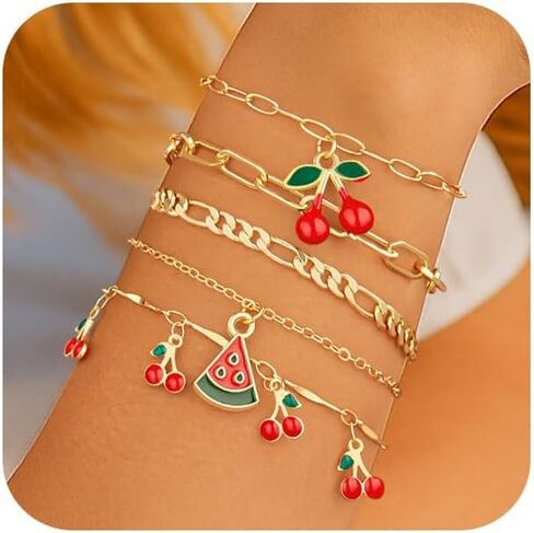 6Pcs Gold Bracelets for Women, Cherry Gold Plated Bracelet Stack Paperclip Chain, Waterproof Non-Tarnish Chain Bracelet Set, Dainty Trendy Jewelry Gift, Adjustable 6.7-8.7", Valentine's Day Gifts in Saudi Arabia