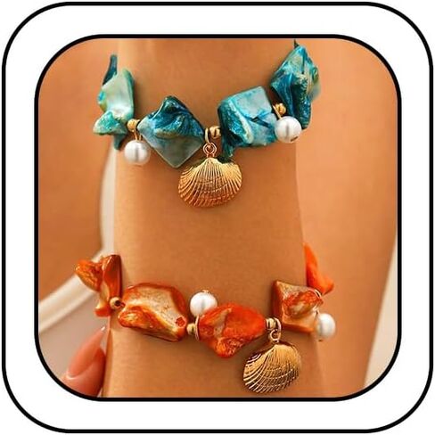 2Pcs Chunky Gold Blue Shell Bead Pearl Bracelets for Women Boho, Trendy Beachy Red Irregular Seashell Bracelet Charming Hawaii Beach Party Jewelry in Saudi Arabia