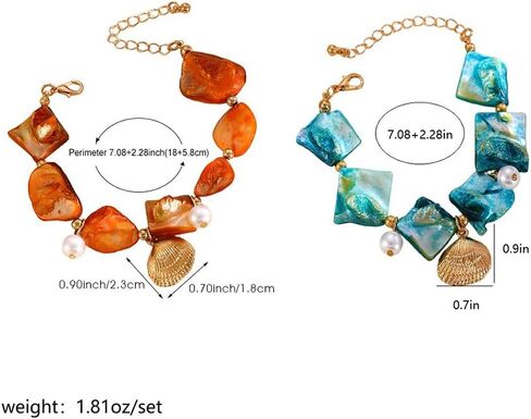 2Pcs Chunky Gold Blue Shell Bead Pearl Bracelets for Women Boho, Trendy Beachy Red Irregular Seashell Bracelet Charming Hawaii Beach Party Jewelry in Saudi Arabia