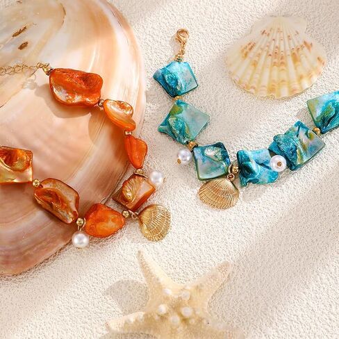 2Pcs Chunky Gold Blue Shell Bead Pearl Bracelets for Women Boho, Trendy Beachy Red Irregular Seashell Bracelet Charming Hawaii Beach Party Jewelry in Saudi Arabia