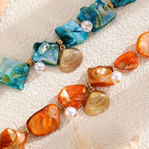 2Pcs Chunky Gold Blue Shell Bead Pearl Bracelets for Women Boho, Trendy Beachy Red Irregular Seashell Bracelet Charming Hawaii Beach Party Jewelry in Saudi Arabia
