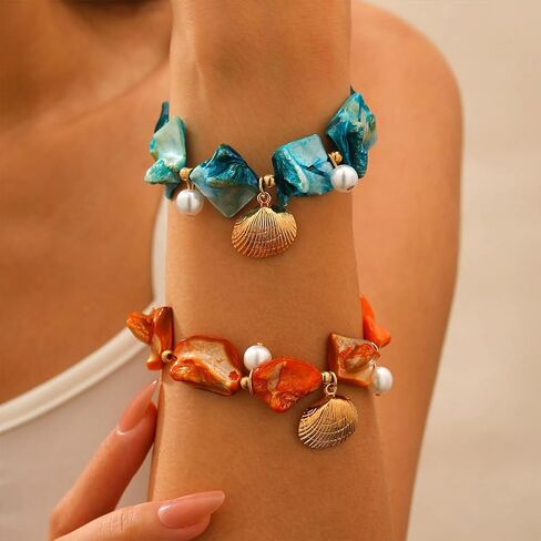 2Pcs Chunky Gold Blue Shell Bead Pearl Bracelets for Women Boho, Trendy Beachy Red Irregular Seashell Bracelet Charming Hawaii Beach Party Jewelry in Saudi Arabia